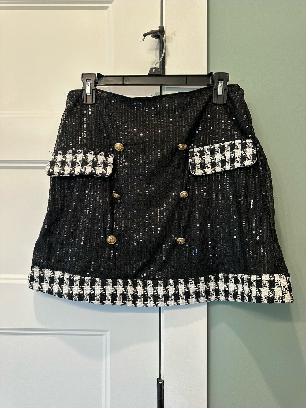 Black Sequin Tweed-Trim Mini Skirt